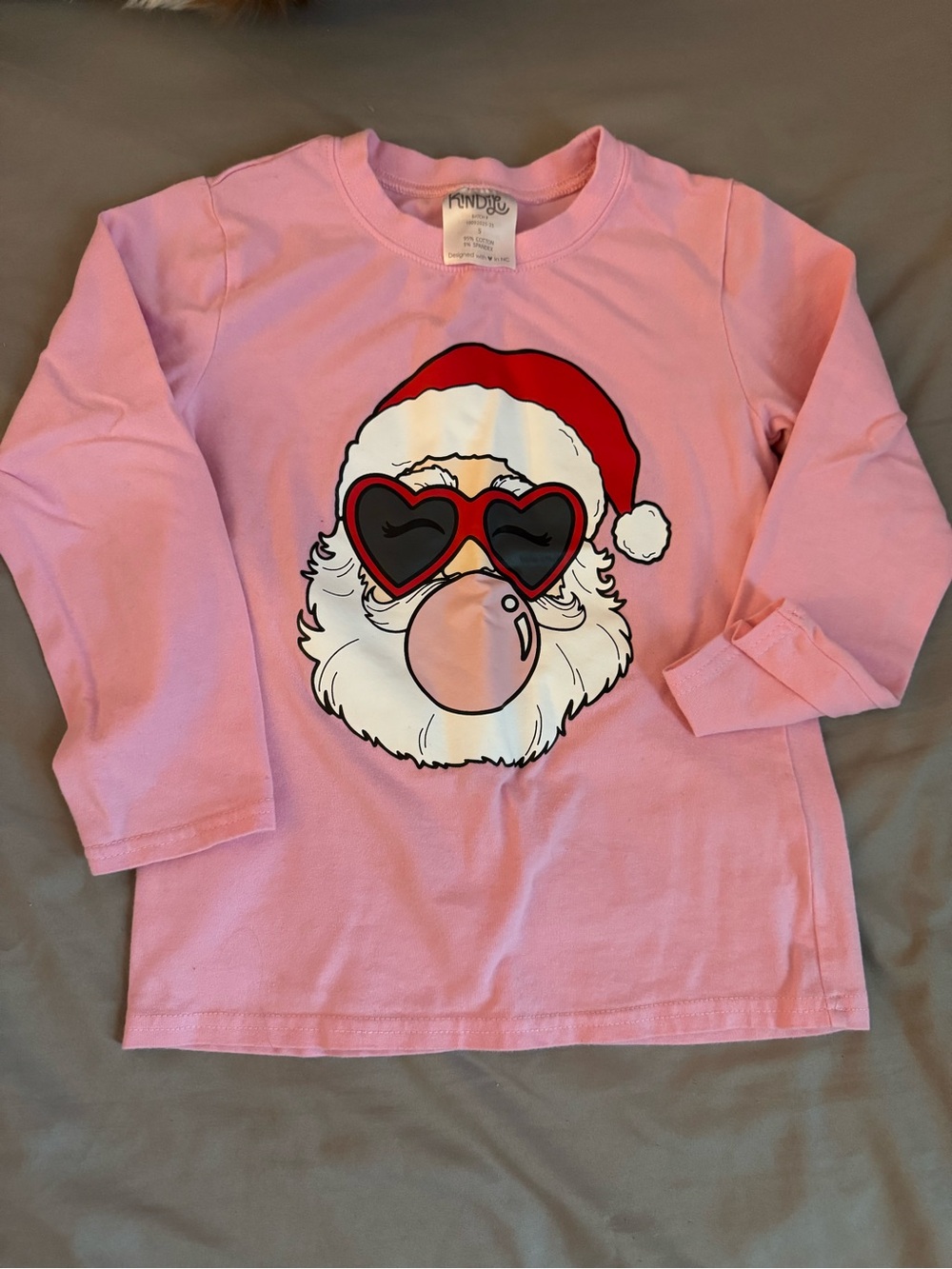 Pink Long-Sleeve Kids Tee with Heart-Sunglass Santa Graphic